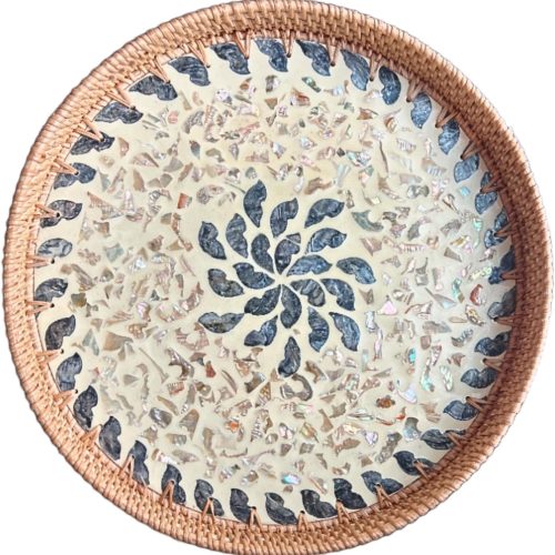 14" Large Rattan Serving Tray with Mother of Pearl, Round Coffee Table Tray Decor, Boho Decorative Hand-Woven Wicker Home Decor (Lucky Flower)