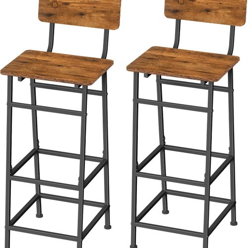 Industrial Bar Stools Set of 2, Bar Height Stools with Backrest & Footrest, Sturdy Metal Frame & Wood Seat, Kitchen Island Barstools for Dining & Cafe, Brown.