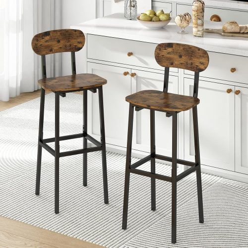 Set of 2 Bar Stools, Modern Bar Stool with Backrest and Footrest, Tall Bar Chairs, Industrial Style Counter Height Bar Stools for Dining Room, Kitchen Counter, Rustic Brown