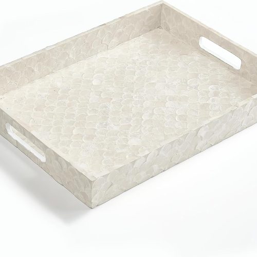 Capiz Decorative Tray 15.8” x 11.8” x 1.8" Rectangular Tray, Natural Handmade Serving Tray with Handles for Coffee Tables, Ottoman, Vanity, Kitchen, Coastal Boho Home Decor, White
