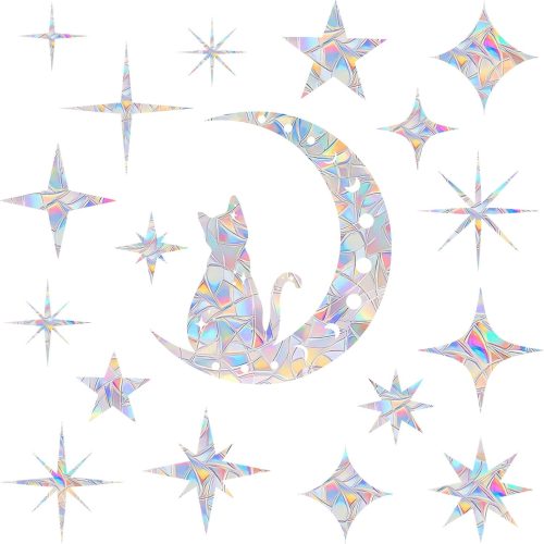 18 Pieces Cat Moon and Star Window Clings - Anti-Collision Decals to Save Birds from Glass Collisions,Non Adhesive, Reusable Rainbow Stickers