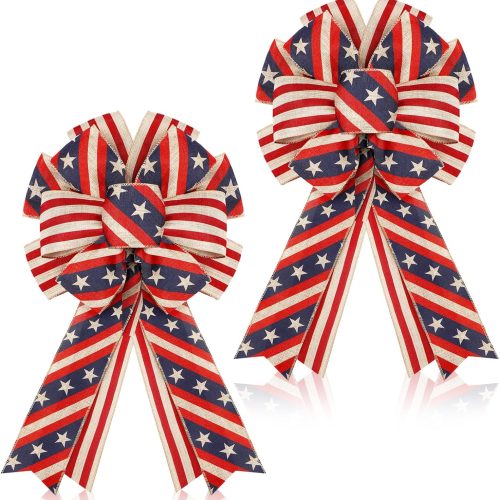 2 Pcs Memorial Day Bows 4th of July Patriotic Wreath Burlap Bow Red White Blue Stars Tree Topper American Flag Wreath for Indoor Outdoor Independence Day Party Decoration(Vintage)