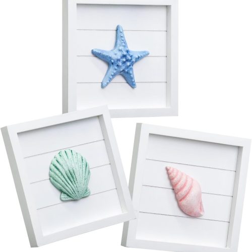 DECOR 3D Ocean Beach Themed Wall Decor, Set of 3 (8" x 8") - Seashell and Starfish Decorations for Home or Beach House, Rustic Ocean Theme Coastal Bedroom or Bathroom Living Room Wall Art