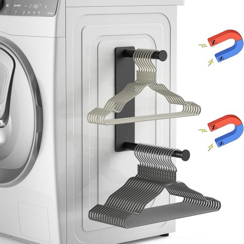 Hanger Organizer Stacker, Magnetic Hanger Holder, Extendable Hangers Storage Rack for Washing Machine Closet Laundry Room Organization, Stand Rack for Adult Kids Velvet Hangers (Black)