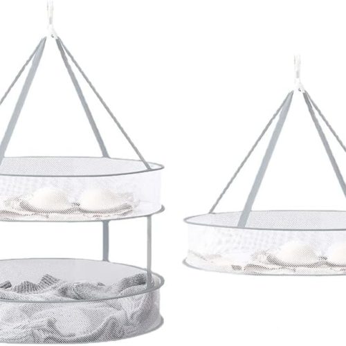 2 Pack Drying Rack Clothing Collapsible Laundry Basket 23'' Folding Hanging Dry Net Mesh Dryer with Hook for Clothes Drying Household Lingerie Sweater Blouse Herb (1Tier+2Tier)