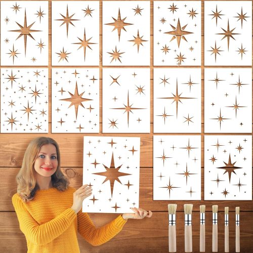 12 Pcs Large Star Stencil for Painting with 6 Pcs Stencil Brushes Reusable Paint Stencils for Walls Twinkle Wall Star Drawing Stencils for Painting on Wood Craft Canvas Fabric Home Decoration
