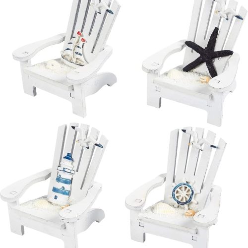 Set of 4 Mini Beach Chairs - Nautical Bathroom Accent & Beach Decor - Centerpiece for Coastal Decor - Dollhouse Accents & Ocean Wall Art - 3.75 x 3.75 x 4 in, Multicolor, Wood