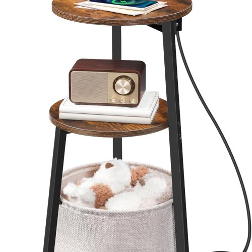 Small Round Side Table with Charging Station, Round End Table with Cotton Linen Storage Basket, Compact Sofa Side Table Nightstand for Small Space, Corner, Living Room, Rustic Brown BF169UBZ01