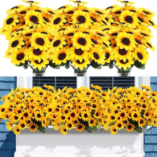 1 24 Bundles Yellow Sunflower Faux Mums for Outdoor Artificial Flower with Stems Bouquet Fake Plants Bulk UV Resistant Plastic No Fade Wedding Fall Garden Home Window Decor (Sunflower)