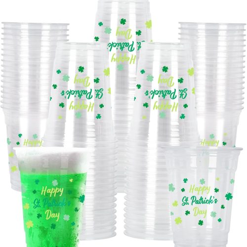 1 St. Patrick's Day Celebration Pack - 60 Pcs 12oz Irish Themed Plastic Cups with Lucky Shamrock Design, Disposable for Easy Clean-Up, Ideal for Party Supplies & Favors,Irish Party Decorations