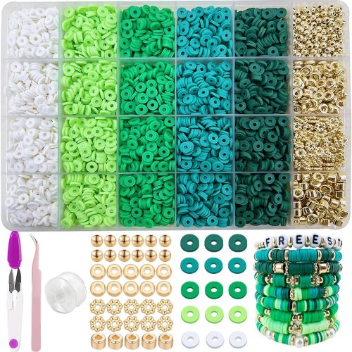 1 Green Clay Beads Kit for Bracelets Making, Heishi Beads for Friendship Bracelet, Clay Charms and Gold Spacers for Jewelry Making, Crafts, Concert, Raves, Gifts