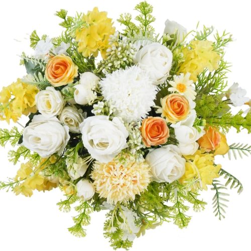 1 8Pcs Yellow Roses White Flowers Artificial Silk Hydrangea Bouquets Faux Floral Arrangements Picks Fake Spring Flowers for Cemetery Grave Vase Wedding Home Decor Indoor Outdoor