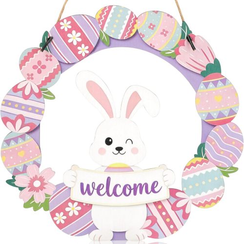1 Easter Decorations, Easter Wreath Decor, Rabbit Welcome Sign Door Decoration, for Front Door Porch Window Wall Hanging Decor, Pink Green Spring Decoration for the Home