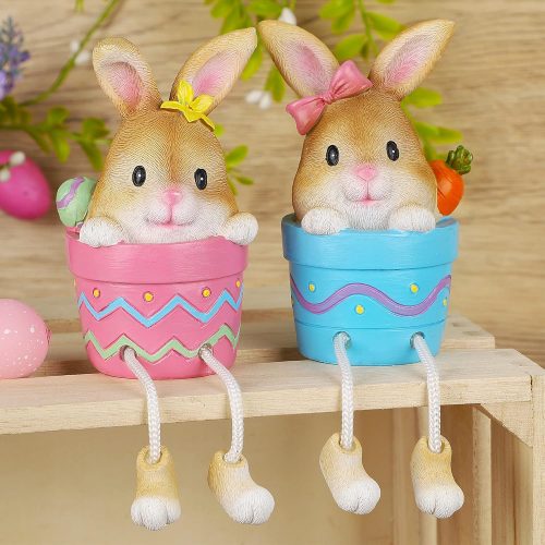 1 Easter Bunny Figurine, Set of 2 Resin Pot Bunny Shelf Sitters with Dangling Legs, Cute Modern Easter Statue Tabletop Sculpture Centerpieces Decorations