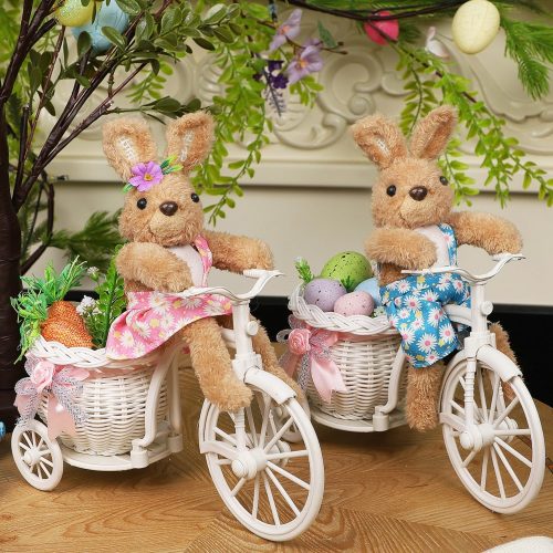1 Set of 2 Easter Tabletop Decorations Bunny Couple, 10" Rabbits Ride Bike, Cute Animal Figurine Gift, Easter Basket Filler Spring Home Kitchen Room Ornament