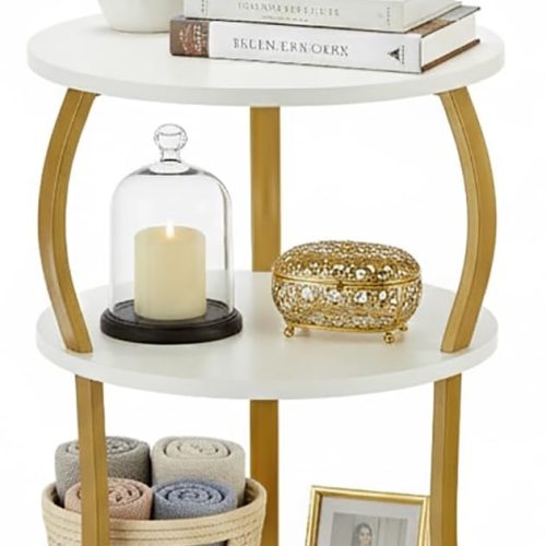 1 Vintage Small Round Side Table, 3-Tier Slim Waist Circular End Table with Storage Shelf, Compact Tea Sofa Table, Round Corner Coffee Table Nightstand for Living Room Bedroom Small Spaces,White+ Gold