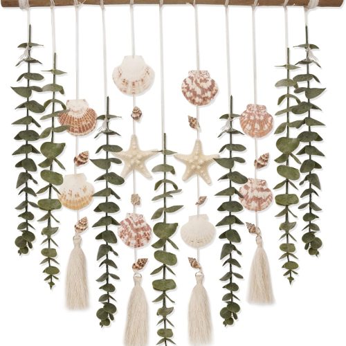 1 Bathroom Wall Decor Artificial Eucalyptus Boho Bedroom Decor Fake Eucalyptus Plants Leaves with Seashell on Stick Coastal Decor Natural Home Decorations for Living Room Nursery Kitchen