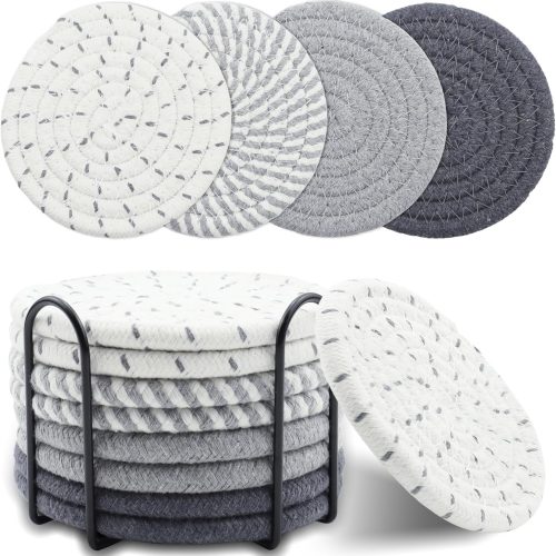 8 Pcs Drink Coasters with Holder, Minimalist Cotton Woven Coaster Set, 4 Colors Absorbent Coaster Protection Protection for Various Cups, Ideal for Coffee Tables and Home Decor Tabletop, 4.3 Inches