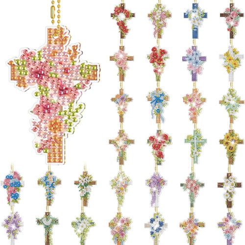 1 Diamond Art Sets for Adult, Christian Cross Spring Flower Diamond Painting Keychains Double Sided Diamonds Hanging Decoration for Beginners Craft and Religious Easter Gift
