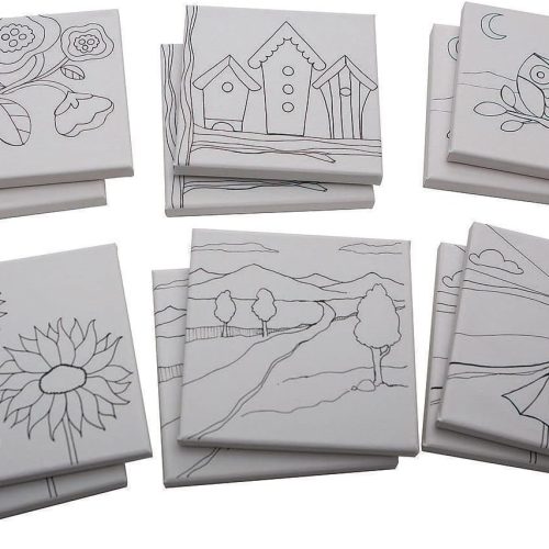 Paint-Your-Own Designer Canvas Set II, 2 each of 6 Pre-Printed Designs, Great For Kids & Adults, DIY Ready To Paint, 6-1/2" x 6-1/2" Stretched Canvas. Pack of 12.