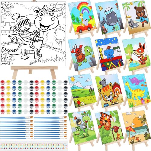 12 Sets Pre Drawn Canvas to Paint Adult Stretched Coloring Painting Canvas Panels with Design Easel and Brushes for Party Supplies Beginner Favor(Cute Style)