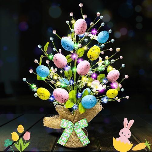 Lighted Easter Decorations 20'' Egg Tree for Tabletop Decor, Timer Egg Tree Ornaments, Easter Artificial Tree for Centerpiece Table Indoor Outdoor Spring Home Decorations