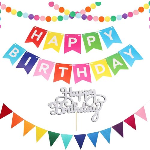 Happy Birthday Banner with Cake Topper, Rainbow Birthday Banner, Circle Paper Garland with Triangle Flags for Birthday Party Supplies, Happy Birthday Decorations