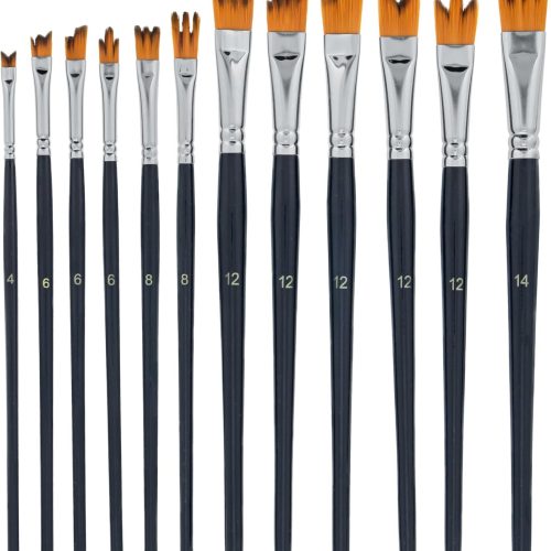 12 Piece Special Effects Artist Paint Brush Set - Professional Taklon Synthetic FX Brushes, Ribbon, Muti-Liner, Angular - Create Grass, Hair, Fur - Watercolor, Acrylic, Gouache, Oil