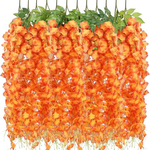 12 Pack Wisteria Hanging Flowers, 45 in /3.7ft Artificial Vine Hanging Flowers for Decoration, Fake Long Rattan Hanging Garland Silk Flowers String for Wedding, Garden, Bedroom, Home Decor-Orange