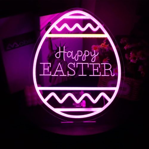Happy Easter Neon Sign LED Aesthetic Living Room Decor Rabbit Decorative Window Lights for Girls Kids Bedroom Wall Home - 13 inches x 14 inches - Pink - Modern - Window Mount - Easter Decor