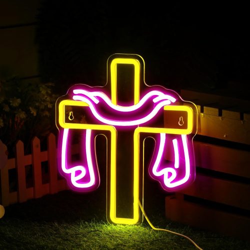 1 Easter Cross Neon Sign Jesus Neon Lights Signs Religious LED Light Easter Decorations for Wall Decor Christian Neon Sign for Home Bedroom Cafe Office Birthday Gift Supplies, 13.78 x 9.84 Inch