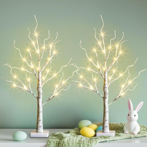 Easter Decorations, 2FT Birch Tree with LED Lights, Warm White Light up Tree Lamp, Easter Tree for Home Table Inside, Easter Decor Indoor, Battery Powered, Timer (2PK)