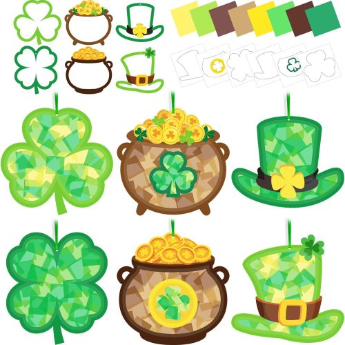 42 Packs St. Patrick's Day Suncatchers Crafts for Kids, March DIY Shamrock Pot of Gold Leprechaun Hat Tissue Paper Sign Art Craft Kit Gift for Irish Saint Patrick Classroom Game Activities Party Decor