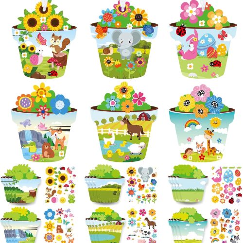 24 Pcs Spring Craft Kits for Kids DIY Spring Flower Pot Shaped Craft Make Your Own Flower Pot Paper Craft Set Spring DIY Art Craft Kits for Home Class Game Activities Kindergarten