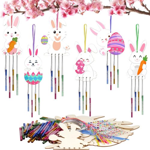 24 Pack Bunny Wind Chime Kit for Kids Make You Own Painting Gift for Easter Basket Stuffers DIY Coloring Wooden Craft for Girls Boys for Easter Hanging Ornaments Party Decoration