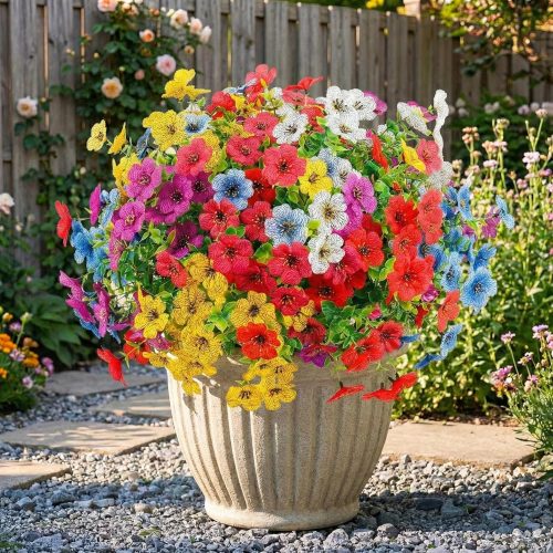Artificial Flowers Outdoors Spring Faux Flowers UV Resistant Fake Flowers Daisy Plastic Greenery Plnats Outside Bulk for Garden Hanging Planter Patio Porch Home Decor, 12 Bundles (Multicolor)