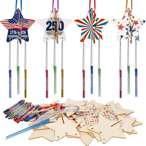3D Star Wind Chimes Kit for Kids – 4th of July Crafts, American Flag Wooden Wind Chimes Decor – Indoor Outdoor Independence Day, Memorial Day, Veterans Day Decorations & Fun Activity