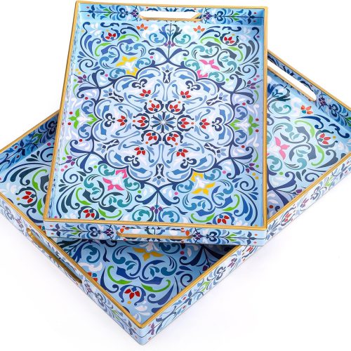 Set of 2 Boho Floral Serving Tray with Handles, 15.7" x 11.8" Decorative Plastic Ottoman Tray, Modern Large Coffee Table Server for Living Room, Bathroom, Kitchen, Rectangle, Blue
