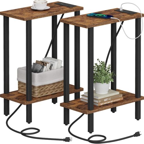 Small End Table with Charging Station, Narrow Side Table with USB Ports and Outlets, Set of 2, Skinny Sofa Table, Slim Nightstand, Living Room, Bed Room, Brown TB01BB0602
