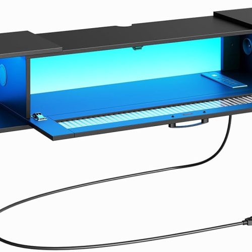 Floating TV Stand with LED Light Power Outlet for TVs up to 65”, Wall Mounted TV Shelf, Modern Media Console Entertainment Center Under TV, for Living Room Bedroom, Black BK34UDDS01G1