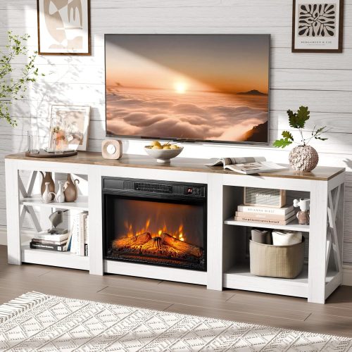 Fireplace TV Stand up to 80 inch TVs, Farmhouse Entertainment Center with Electric Fireplace Heater & Adjustable Shelves, Fireplace Media Console Table, Living Room, Distressed White & Barnwood