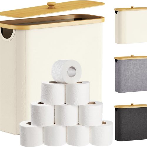 Toilet Paper Storage Holder for 12 to 16 Rolls, Free Standing Toilet Paper Basket Stand with Bamboo Lid, Collapsible Fabric Bathroom Organizer Box for Mega Rolls, 30L, Extra Large, White
