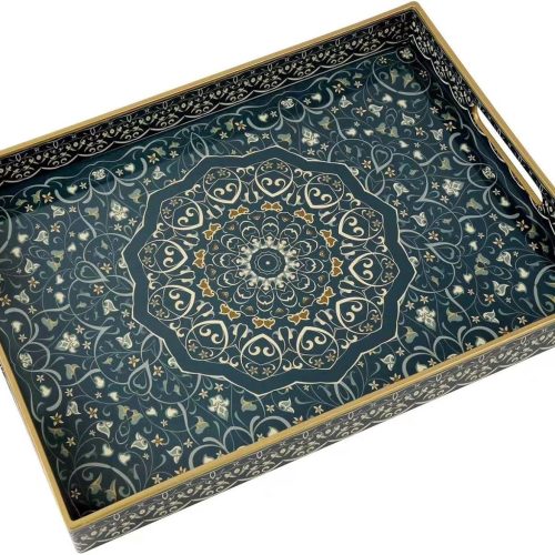 Plastic Serving Tray with Handles,Large Ottoman Tray for Living Room,Large Rectangle Trays for Ottoman Coffee Table,Decorative Blue Boho Serving Trays for Home Decor,16" x 12"