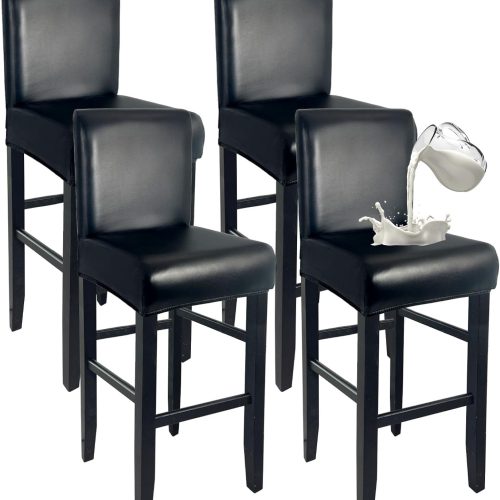 Leather Bar Stool Covers with Backs 100% Waterproof Bar Stools Covers Set of 4, Removable Stretch Barstool Slipcovers for Pub Cafe Dining Room (Black)