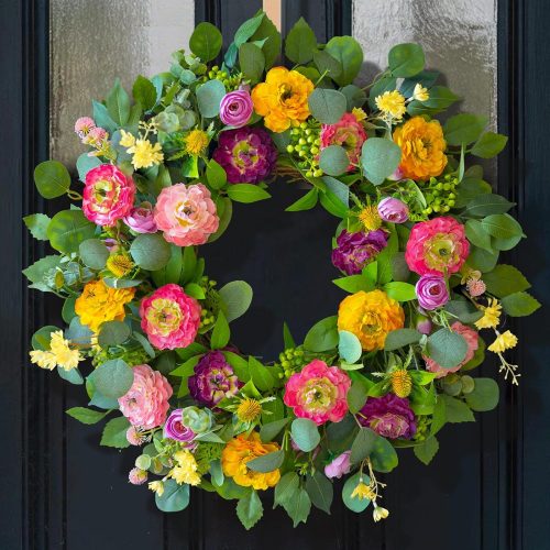 1 Spring Wreaths for Front Door 24 Inch Outdoor Spring Wreath with Peony Rose Ranunculus & Eucalyptus,Handmade Silk Summer Wreaths for Front Door,Spring Door Wreath for Porch Home Wall Window