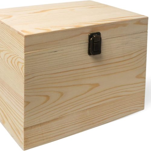 1 10x7x7-Inch Unfinished Wooden Box with Hinged Lid & Front Clasp for DIY Art Project Crafts Woodcraft Keepsake - Easy to Stain Paint Wood Burning