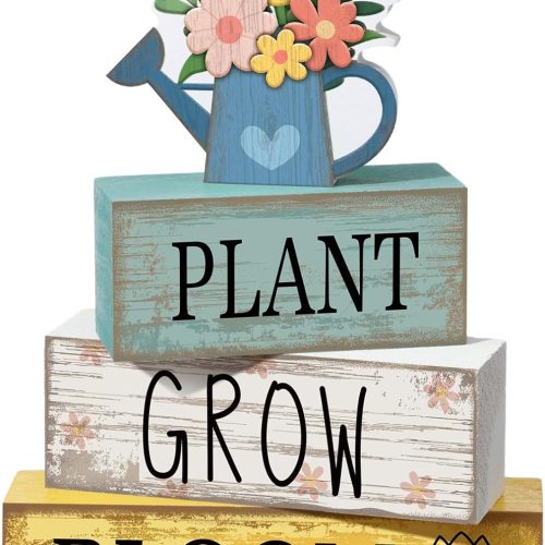 4 Pcs Spring Table Decorations Flower Wooden Signs Spring Tiered Tray Decor Wooden Flower Kettle Block Signs Pastel Table Centerpieces Decor for Home Kitchen Shelf
