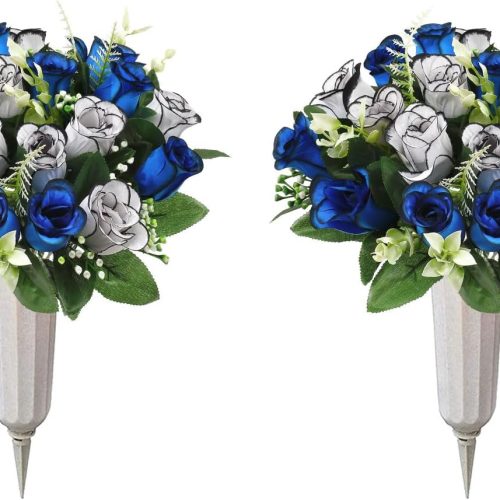 2Pcs Artificial Cemetery Flowers with Vase for Grave Silk Memorial Rose Flowers Outdoor Grave Flowers for Grave Vase Cemetery Flower Arrangements, Blue & White