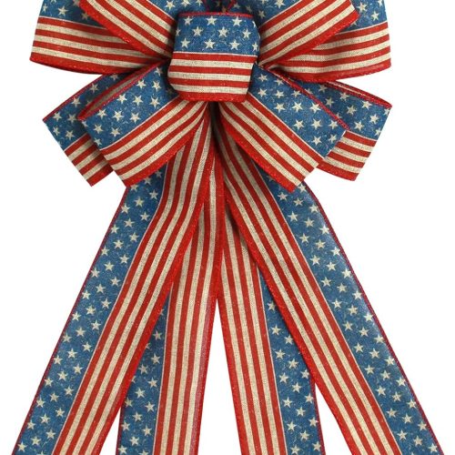 Veterans Day Wreath Bow American Patriotic Bows Labor Day Stars and Stripes Farmhouse Bow for Wreath Front Door Decorations Tree Ornament Supplies