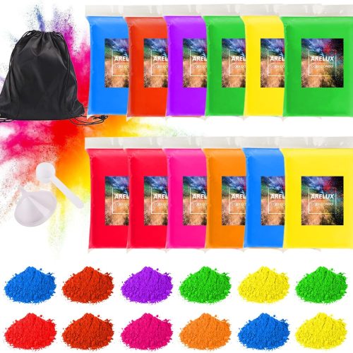 Holi Color Run Powder 12 Pack 2.8oz/80g Each Natural Assorted Color Rangoli Powder Bulk, Washable Chalk Paint for Color War, Rangoli, Fun Run, Party & Festival